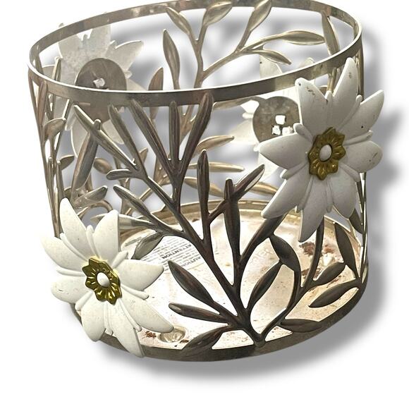 Bath & Body Works 3 Wick Holder Sleeve Wild Flower Metal Silver Gold White Decor - Picture 10 of 13